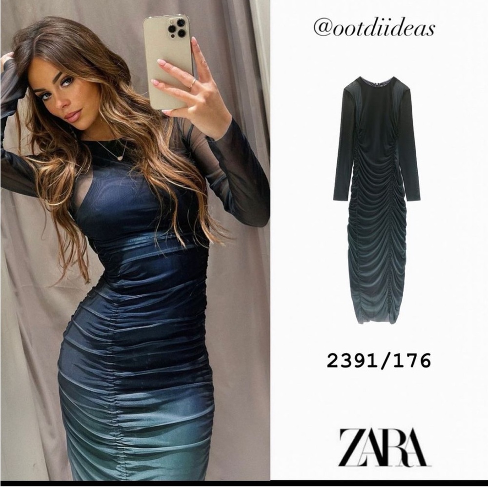 Zara printed midi dress mesh long sleeve